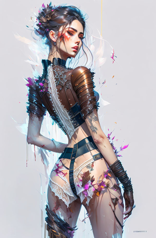 Stylized female figure with tattoos in futuristic armor and floral accents