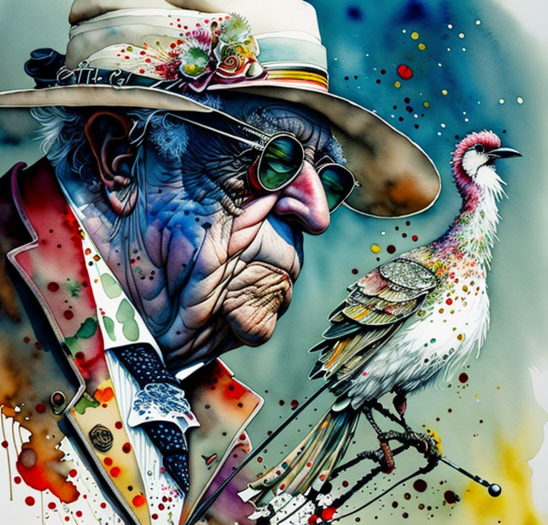 Vibrant illustration of elderly man with bird on shoulder