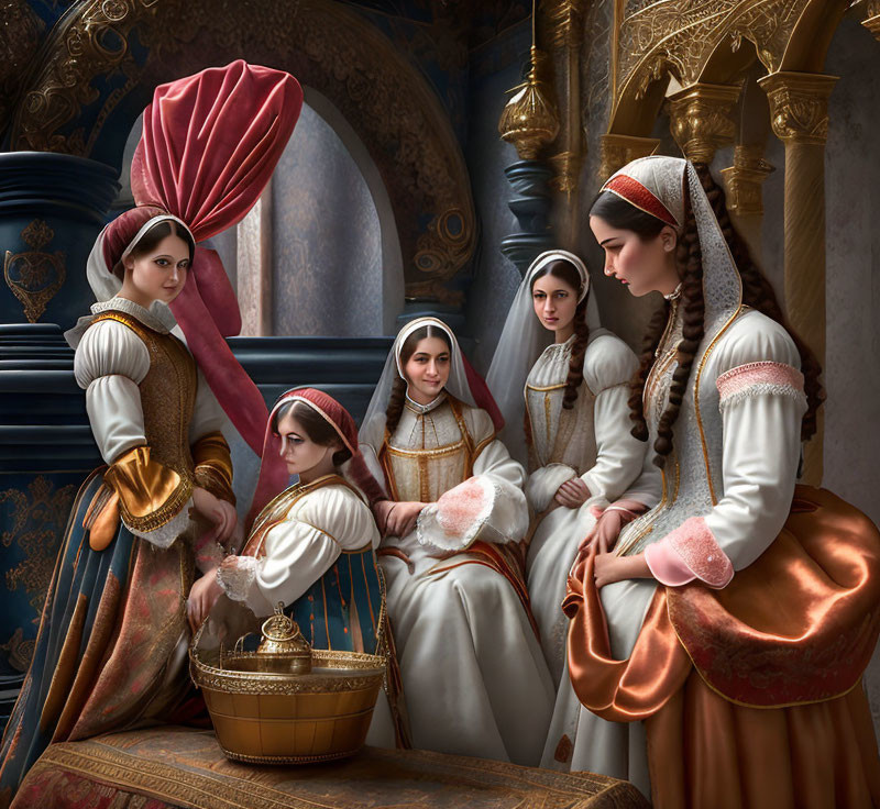 Five Women in Renaissance Attire Around Golden Vessel in Ornate Chamber