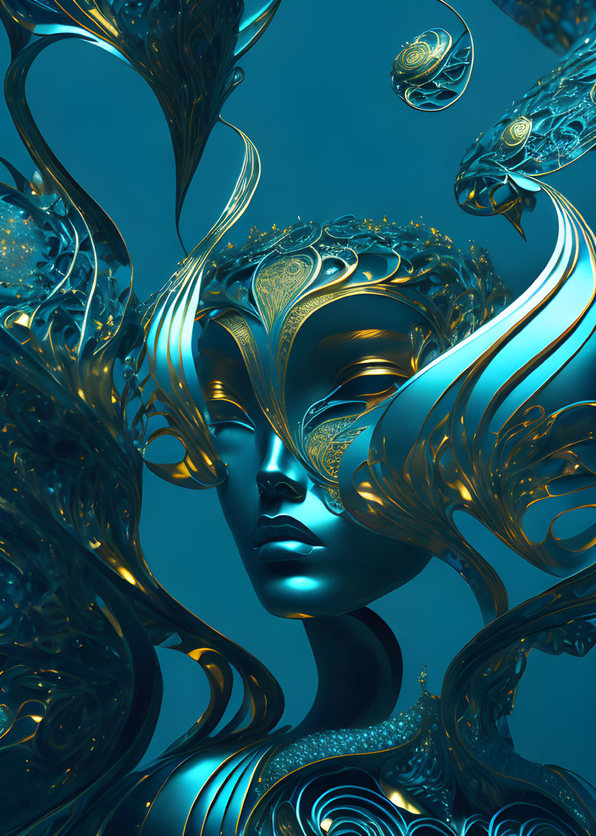 Blue-skinned figure with gold filigree on blue background