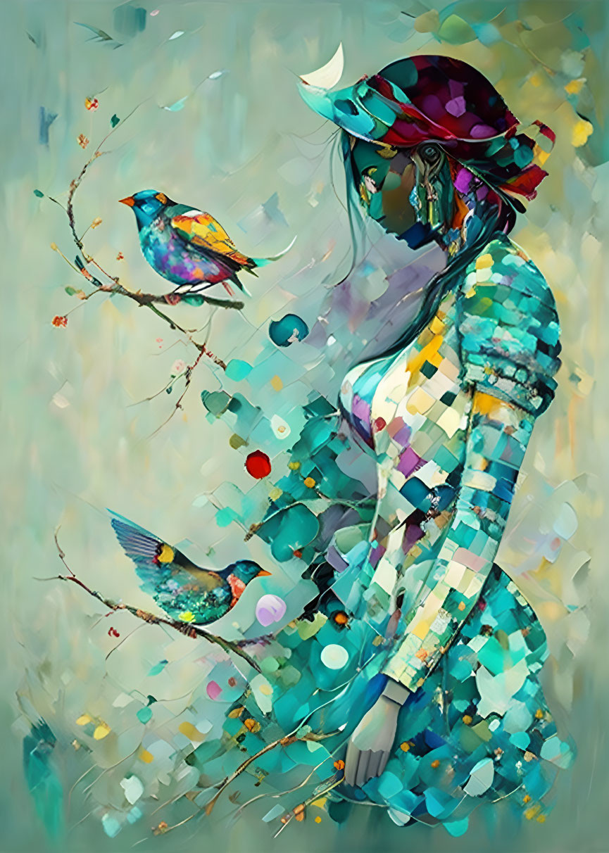 Vibrant painting of woman in headscarf surrounded by birds and foliage