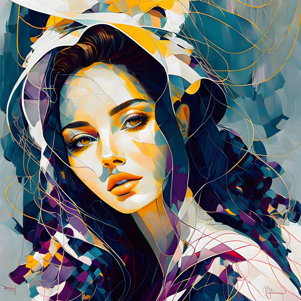 Abstract Portrait of Woman with Flowing Hair in Blue and Yellow Geometrical Style