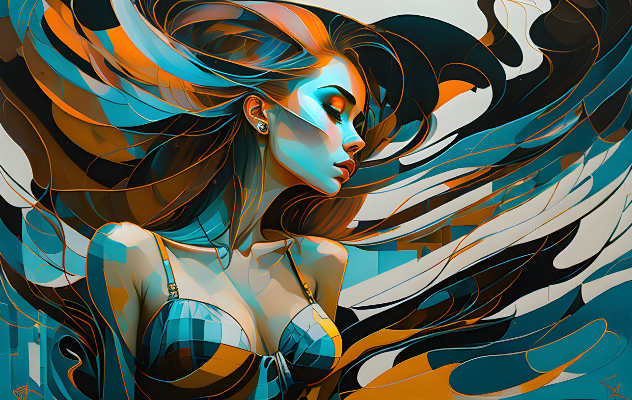 Stylized digital artwork: Woman with flowing brown and blue hair