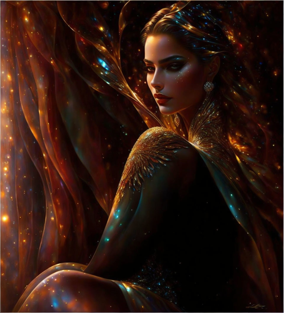 Cosmic-themed attire woman in star cloak and golden light aura.