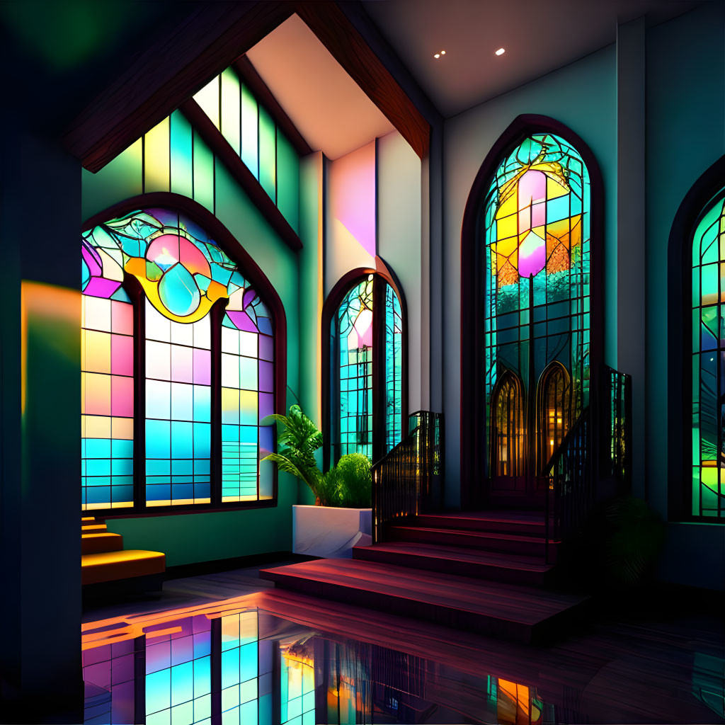 Vibrant stained glass windows in modern interior with sleek stairs and plant decor