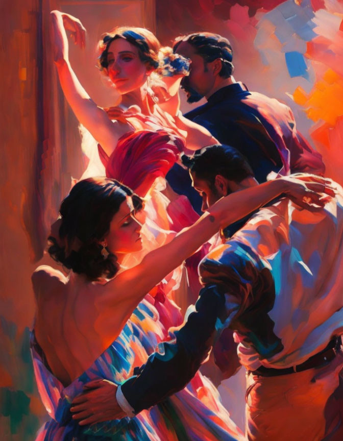 Colorful Painting: Intimate Dance of Two Couples in Warm Light