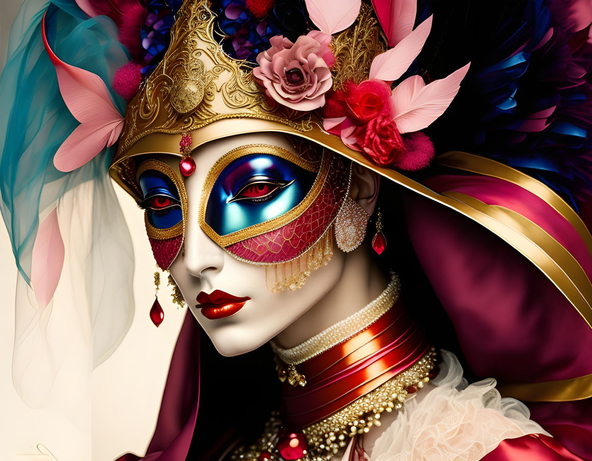 Masked figure with vibrant makeup, feathers, roses, and gold jewelry depicted in intricate illustration