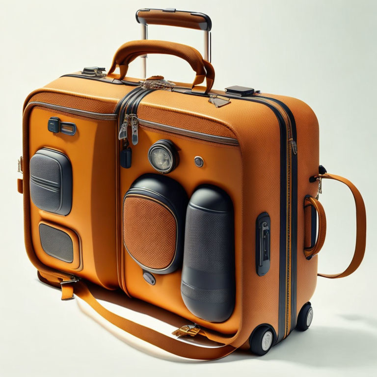 Orange hard-shell suitcase with built-in speakers and retractable handle