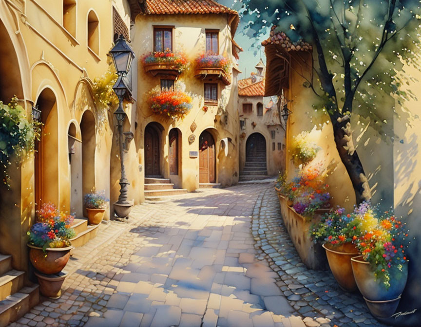 Sunlit Cobblestone Street Flanked by Old Buildings and Flower-Adorned Balconies