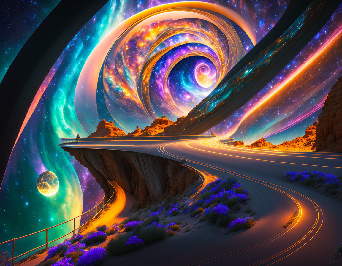 Surreal landscape with winding road, cosmic vortex, star-lit sky, and planet.