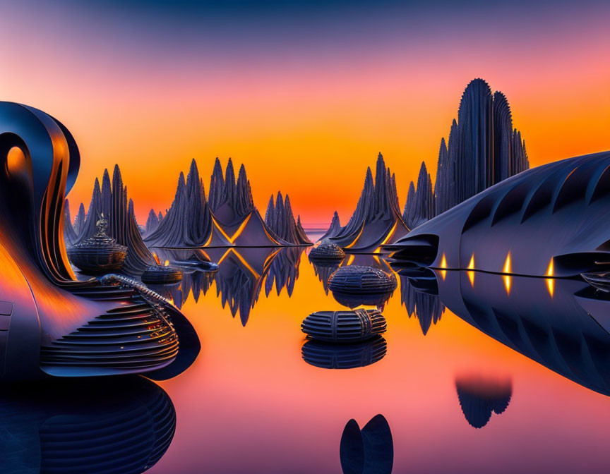 Surreal landscape with reflective water, violin-inspired structures, spiked peaks, orange and blue twilight sky