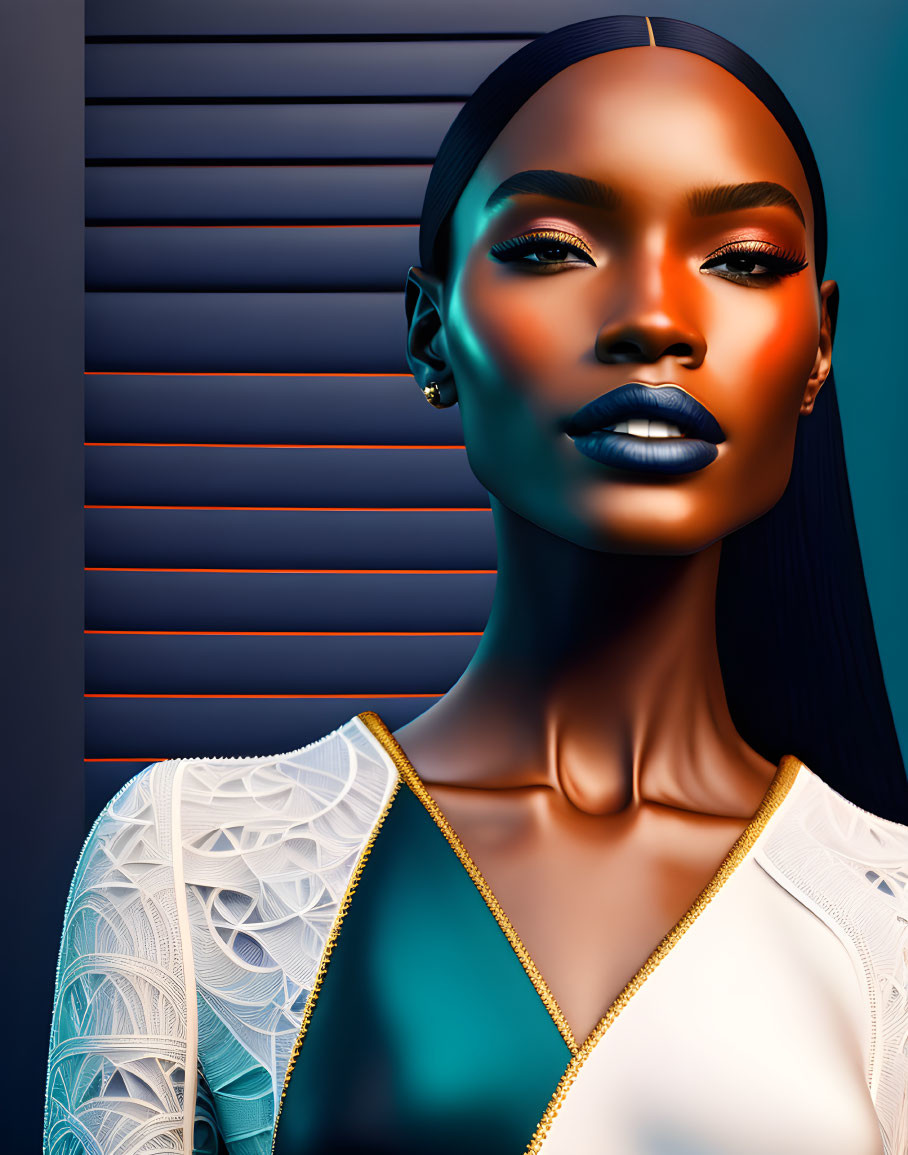 Digital Artwork: Woman with Striking Blue Lips and Detailed White Top