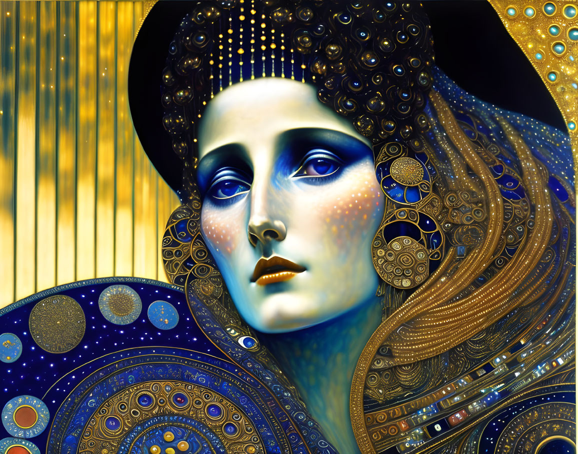 Intricate gold and blue celestial motifs on woman's portrait