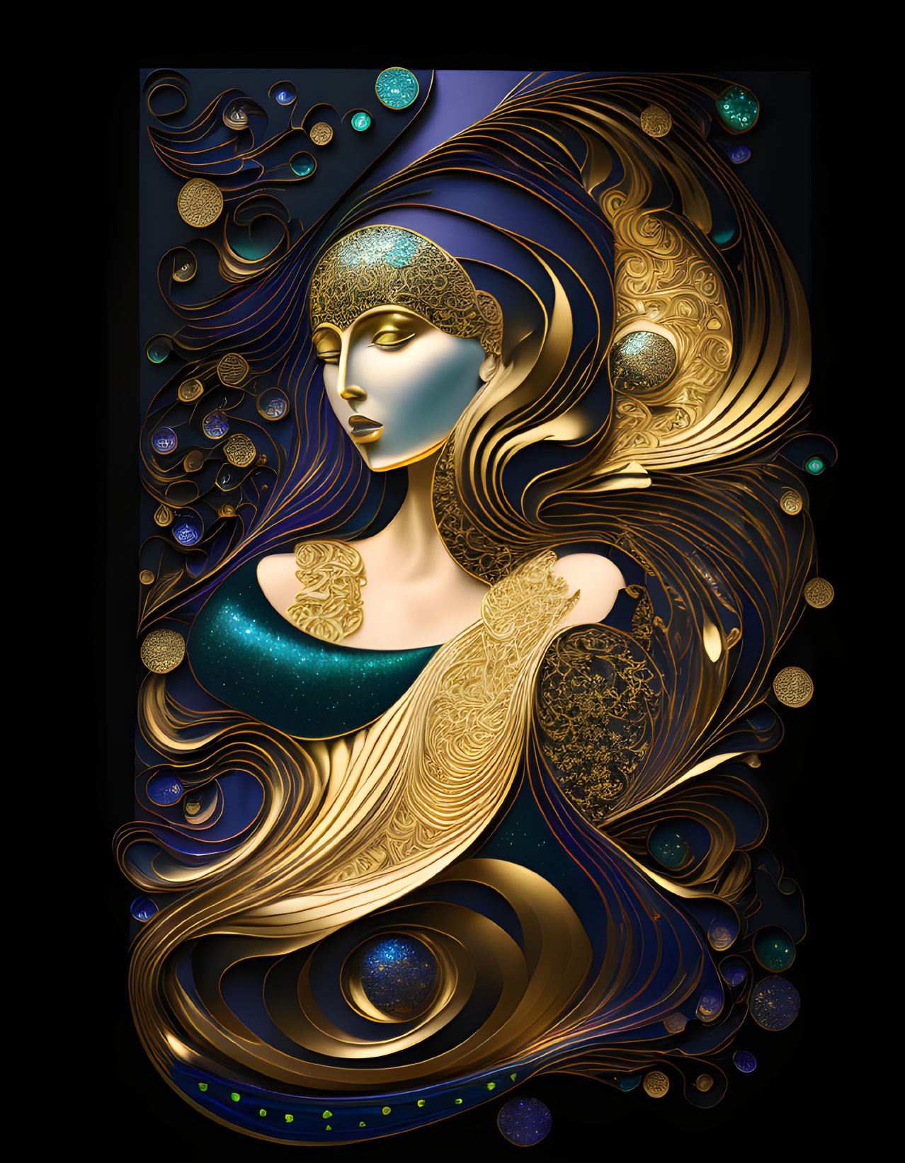 Digital art: Woman with flowing hair in gold and blue on dark background