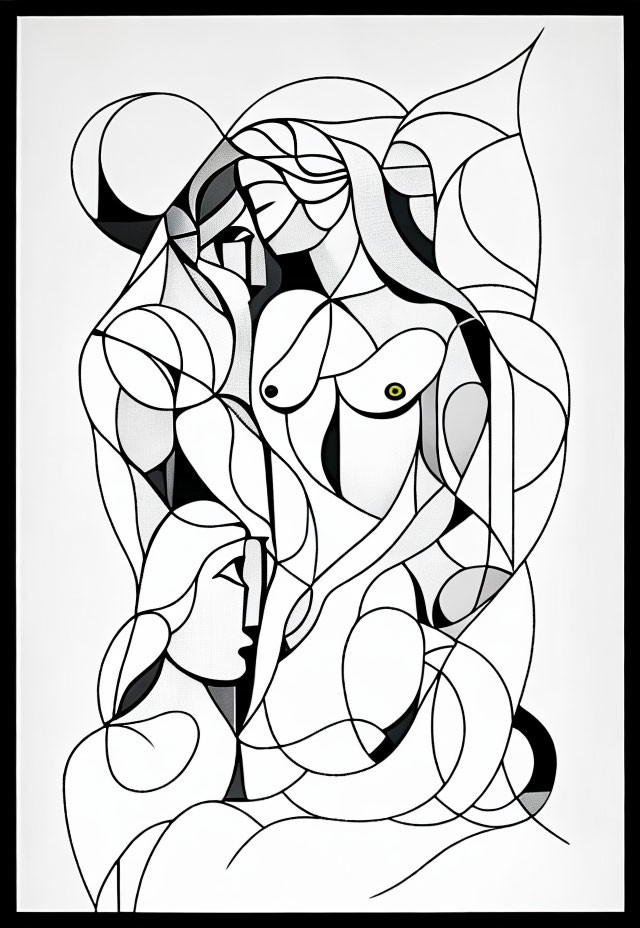 Monochrome abstract art with intertwining lines and shapes suggesting faces