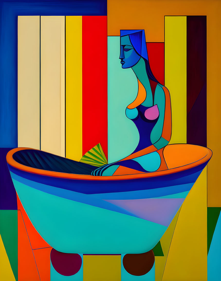 Blue-toned woman in colorful bathtub with geometric shapes.