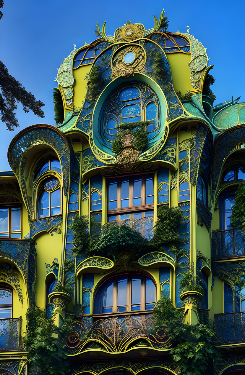 Art Nouveau building with intricate ironwork and organic motifs in yellow and green hues.