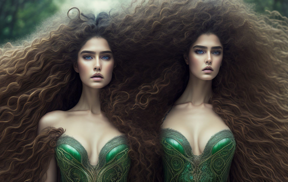 Two Women with Voluminous Curly Hair and Striking Blue Eyes in Green Corset Dresses