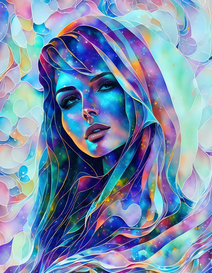 Colorful digital art: Woman with cosmic skin and flowing hair in abstract backdrop