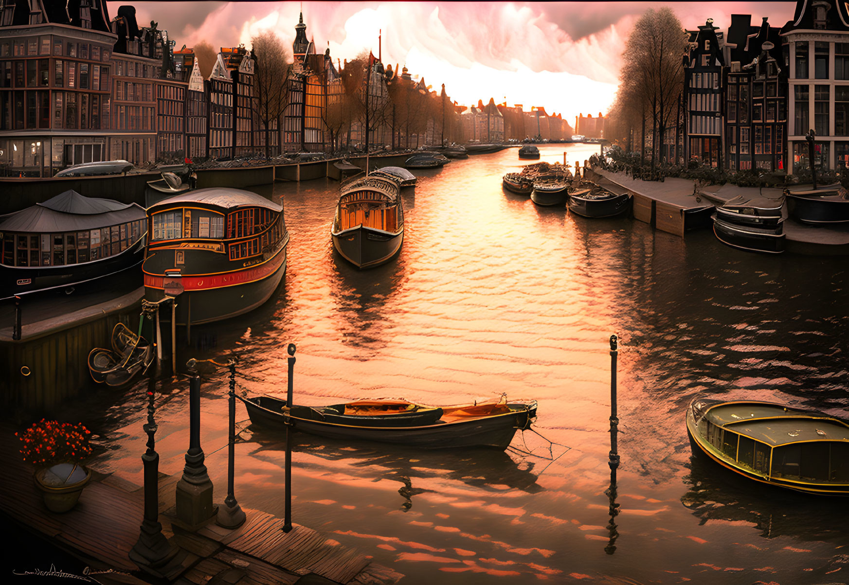 Tranquil Amsterdam canal at sunset with boats and Dutch buildings