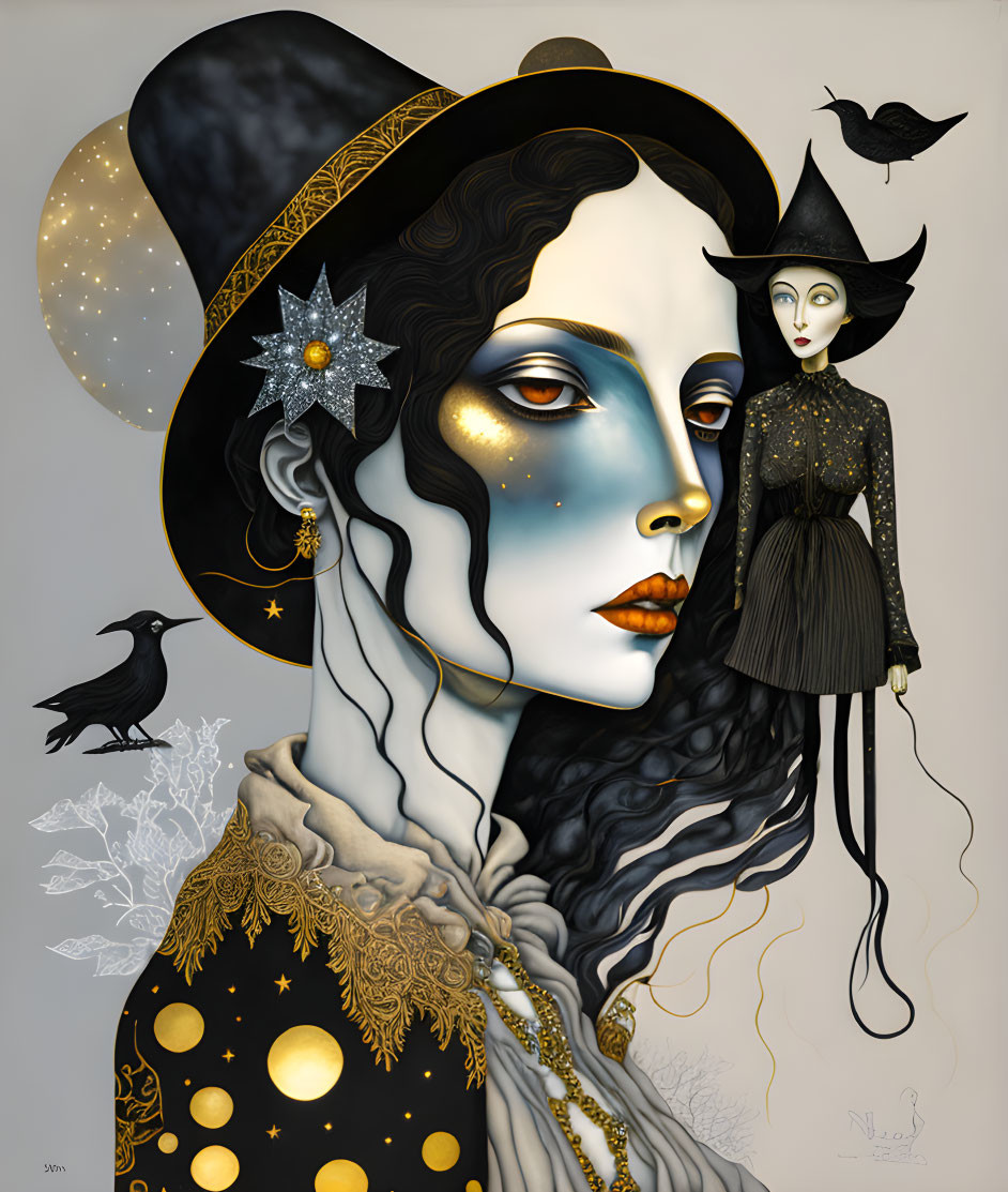 Celestial-themed woman illustration with bird and raven companions