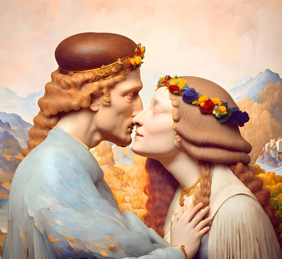 Romantic kiss painting with floral crowns in autumnal setting