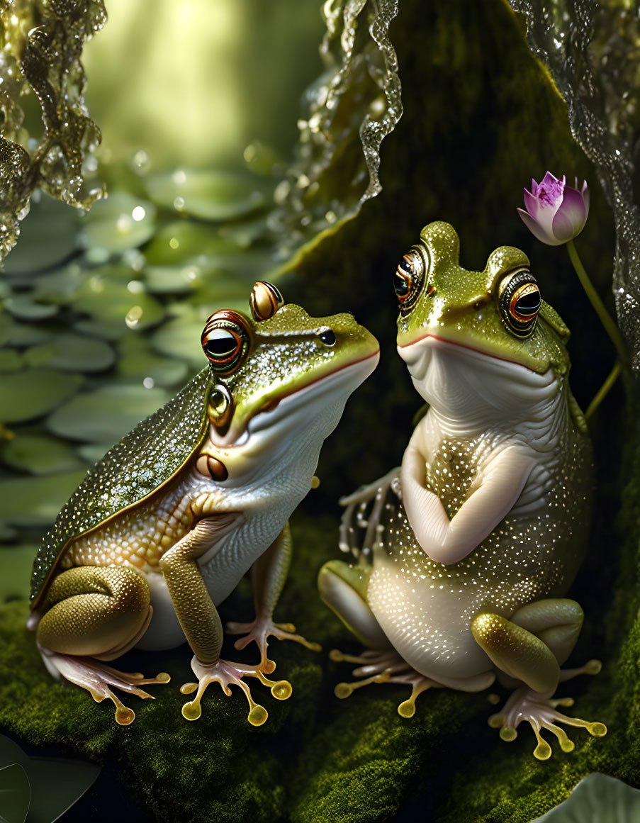 Two animated frogs on moss-covered rocks by lily pads and a pink flower bud.