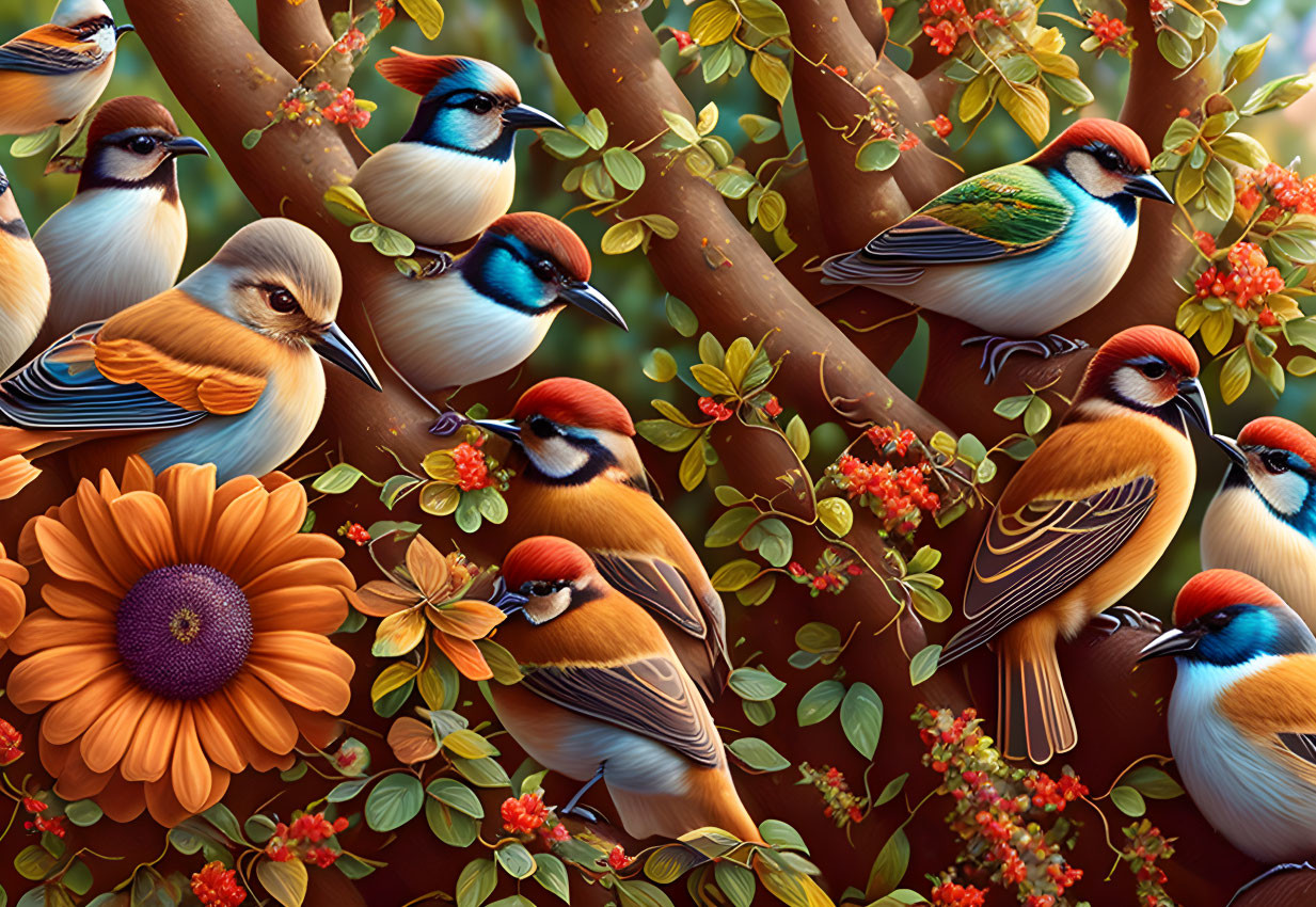 Colorful Birds Perched on Branches Among Flowers and Berries