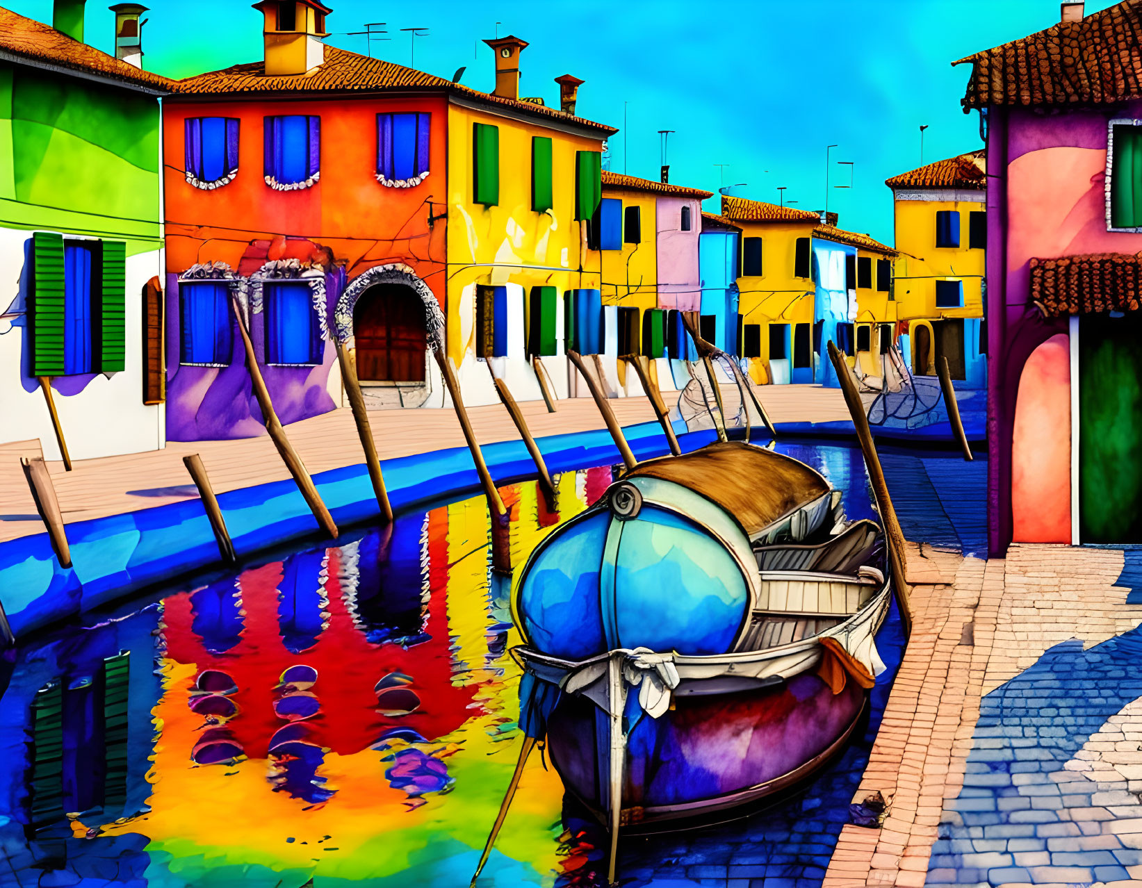 Colorful Digital Art: Picturesque Canal with Bright Buildings and Boats