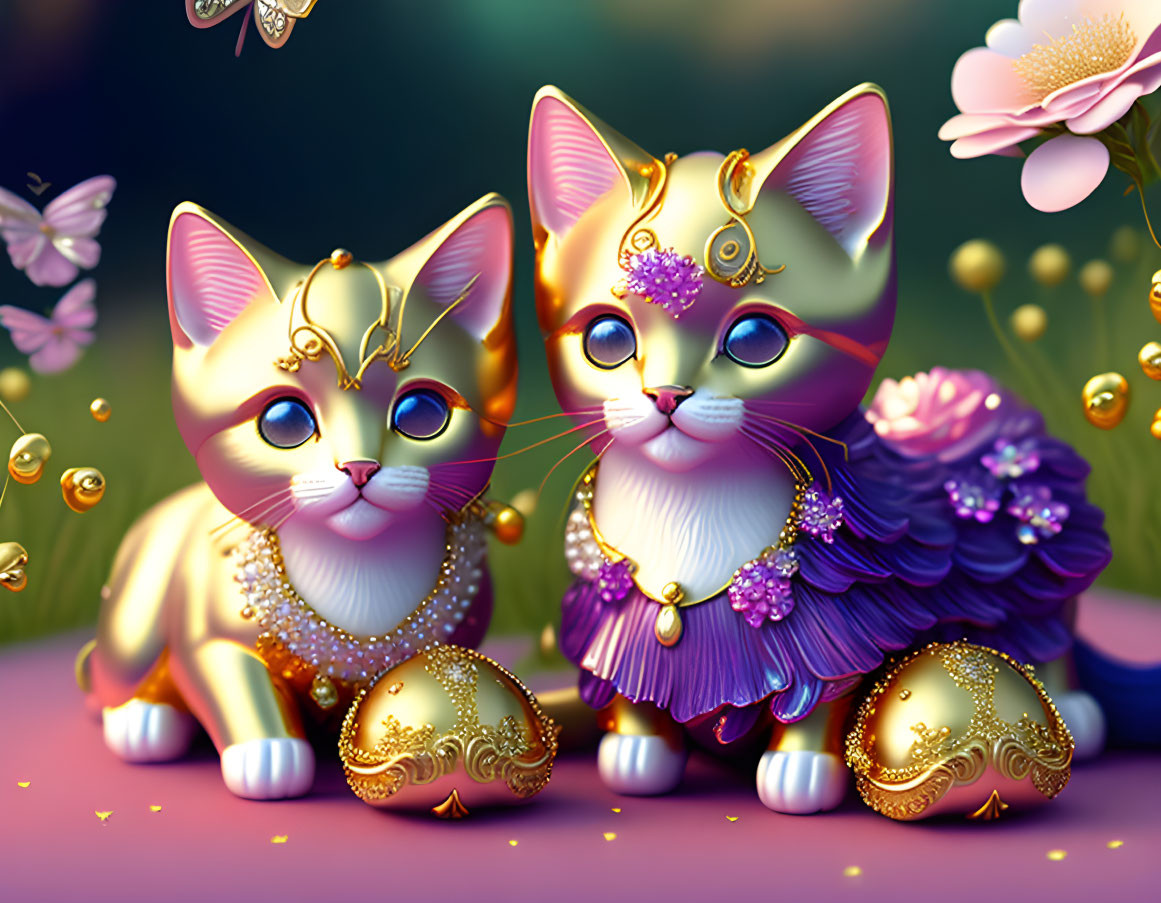 Ornate cat figurines with purple floral backdrop and golden eggs