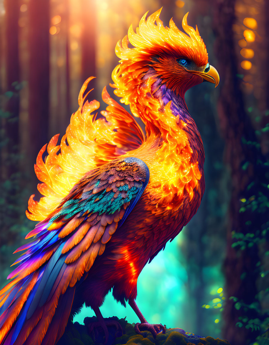 Majestic phoenix with radiant flames in mystical forest