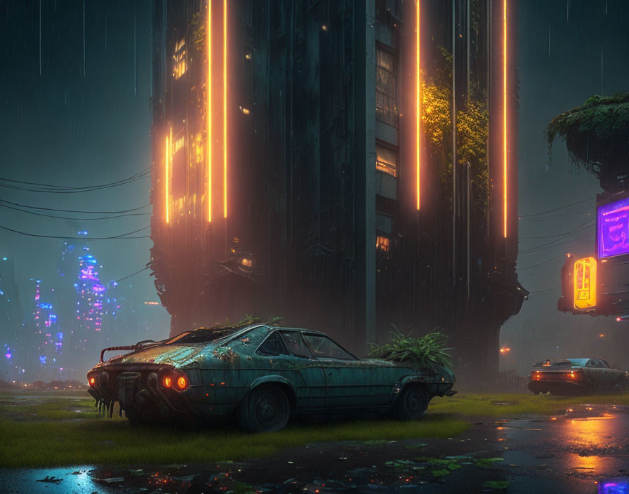 Futuristic cyberpunk cityscape with neon lights and abandoned car