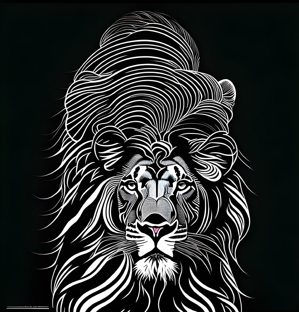 Detailed black and white lion head illustration with intricate line art on dark backdrop