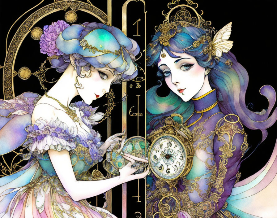 Stylized elegant female figures in ornate attire with vintage clock and celestial motifs