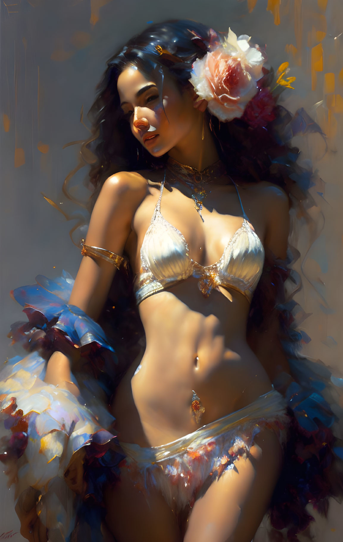 Illustrated woman in floral accessory and elegant jewelry with shimmering bikini on warm backdrop