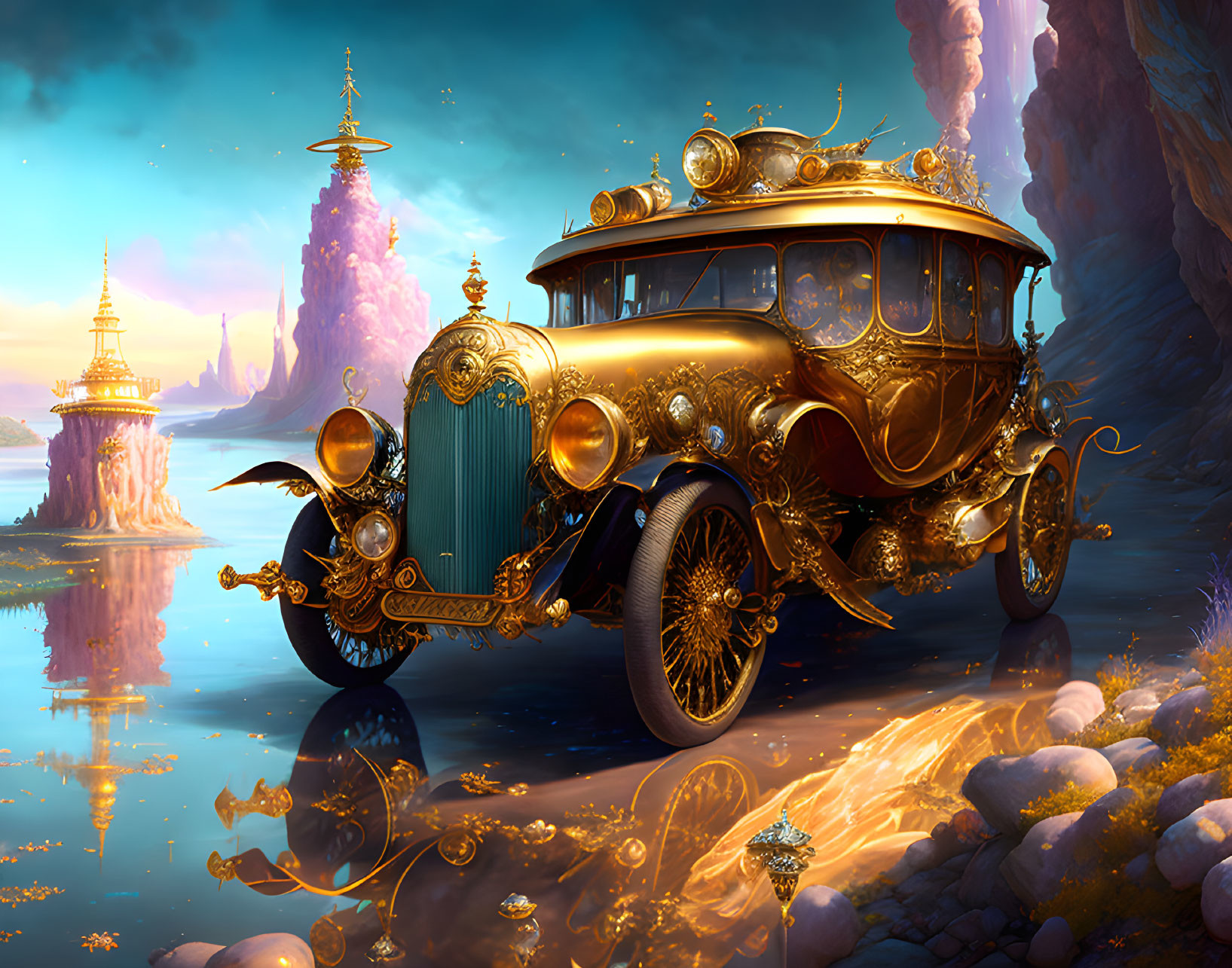 Vintage Golden Car Parked by Tranquil Lake with Magical Towers