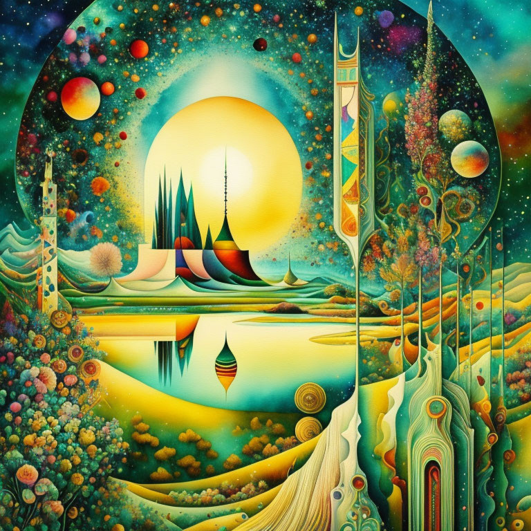 Surreal landscape with luminous sun, planets, water, mountains