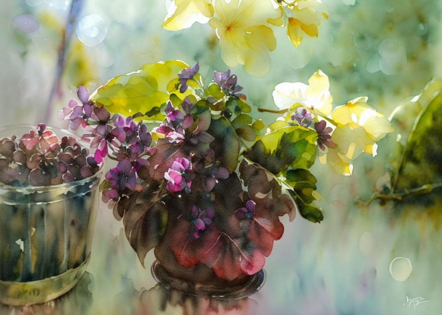 Purple and Yellow Flowers in Vase Watercolor Painting