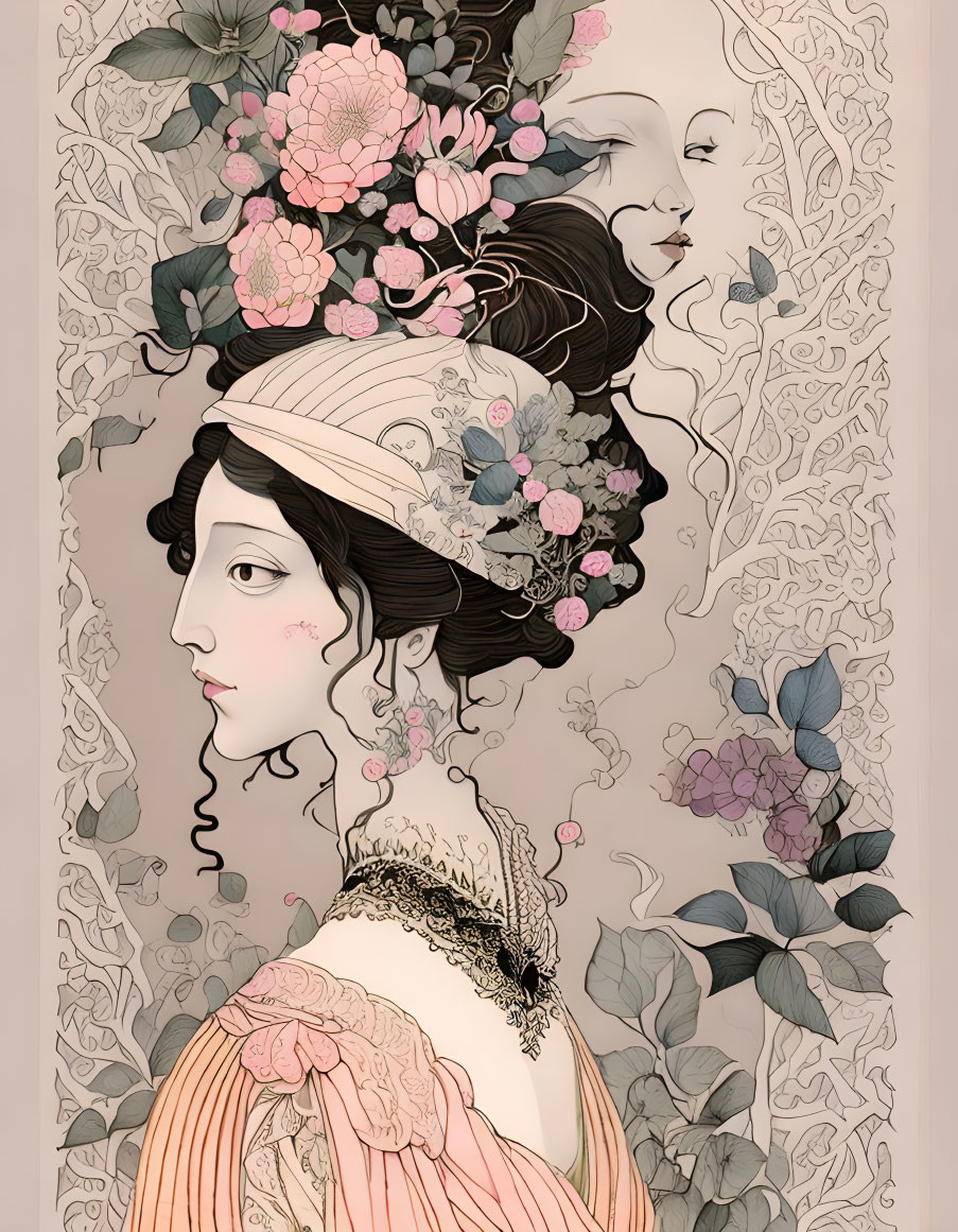 Illustration of woman with floral headdress in lush foliage