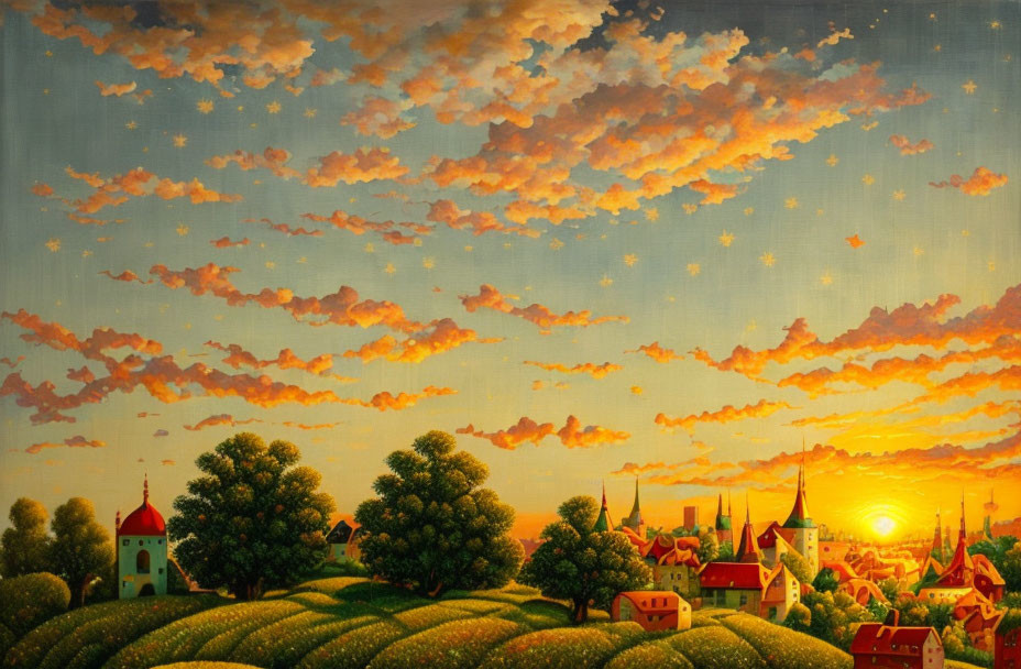 Vibrant painting of quaint village in rolling hills at sunset