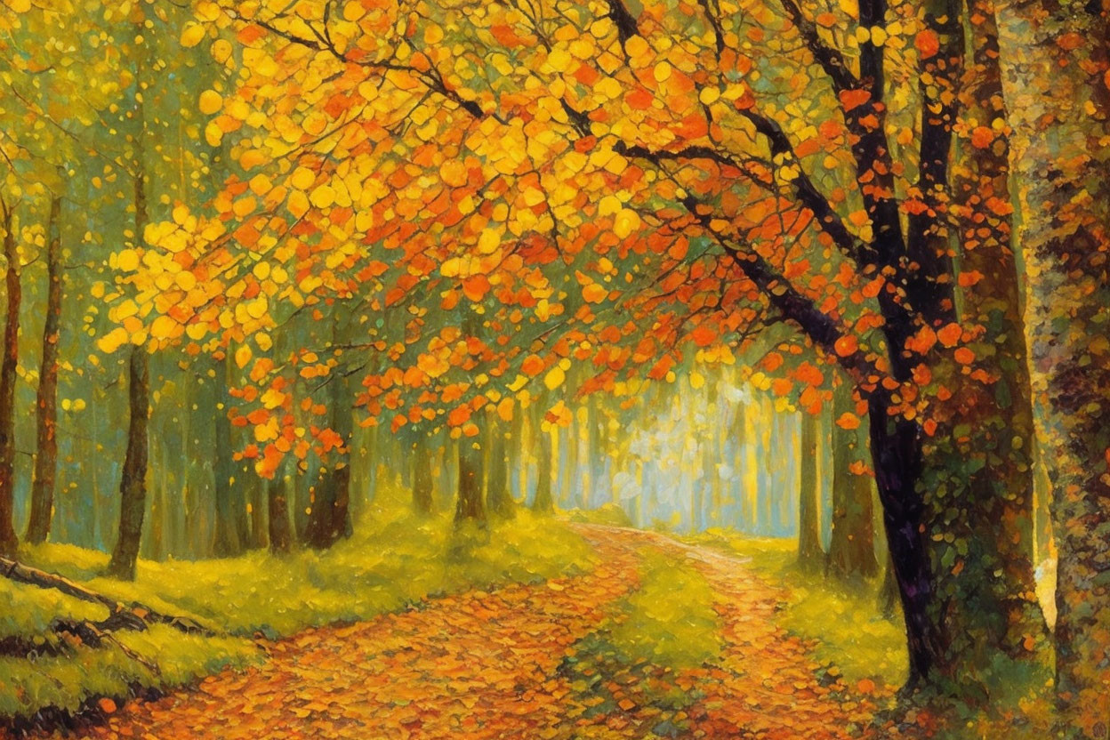 Autumn forest path painting with vibrant foliage and soft light