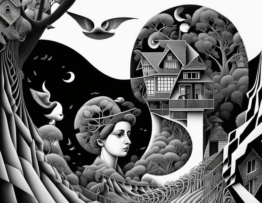 Monochromatic surreal landscape with woman, birds, trees, houses, and yin-yang symbols