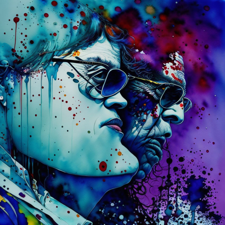 Colorful painting of person in glasses with ink splatters and abstract background