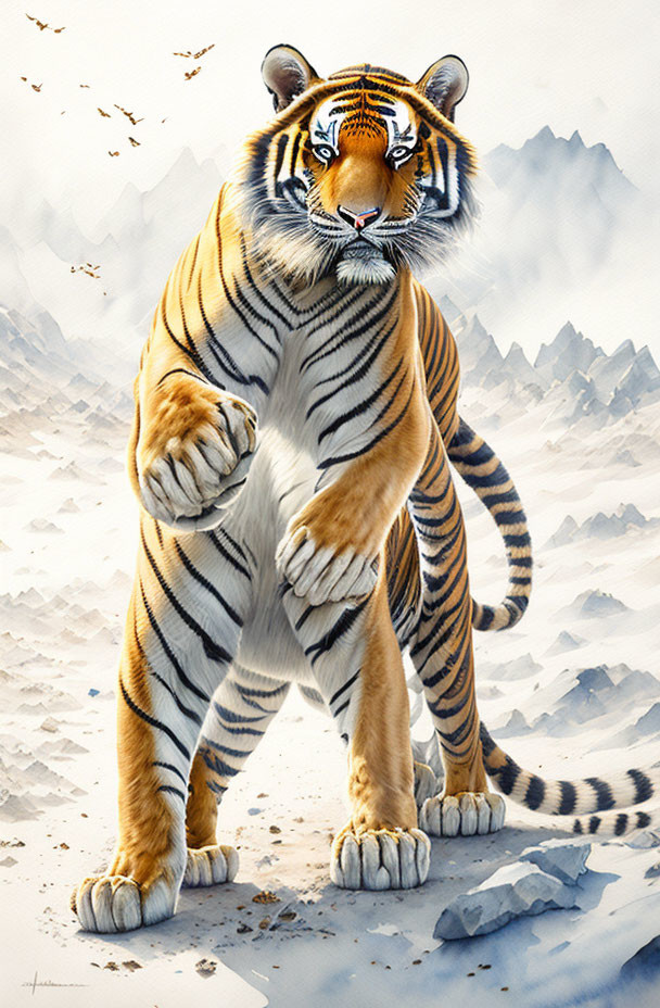 Majestic tiger standing in snowy landscape