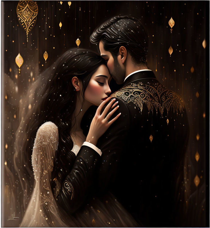 Romantic couple embrace in digital illustration with glowing golden accents