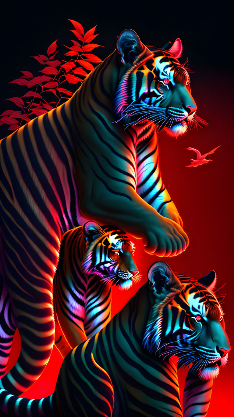 Neon tigers in dark setting with red foliage and bird silhouette