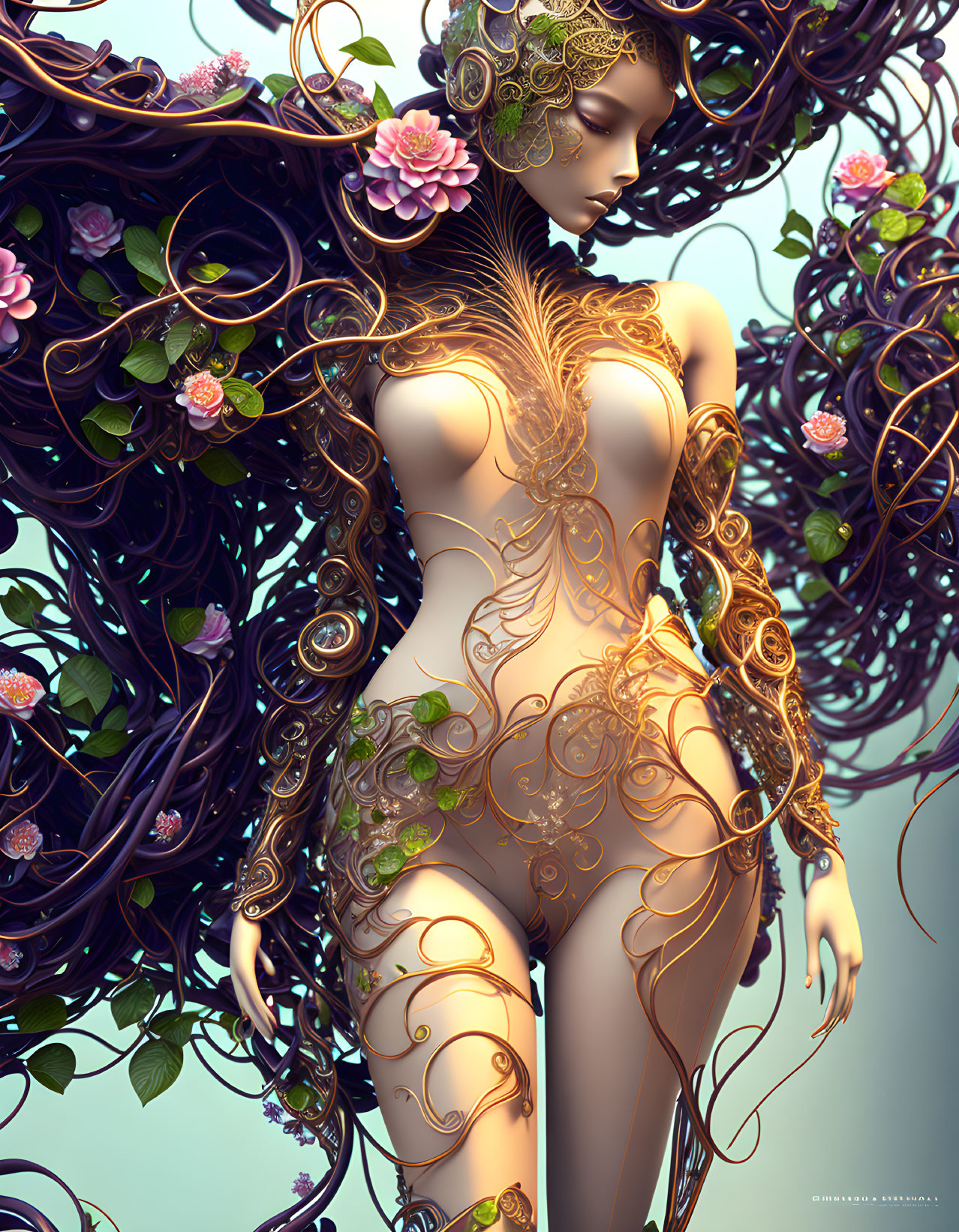 Fantasy sculpture: Female form with floral elements and metallic adornments