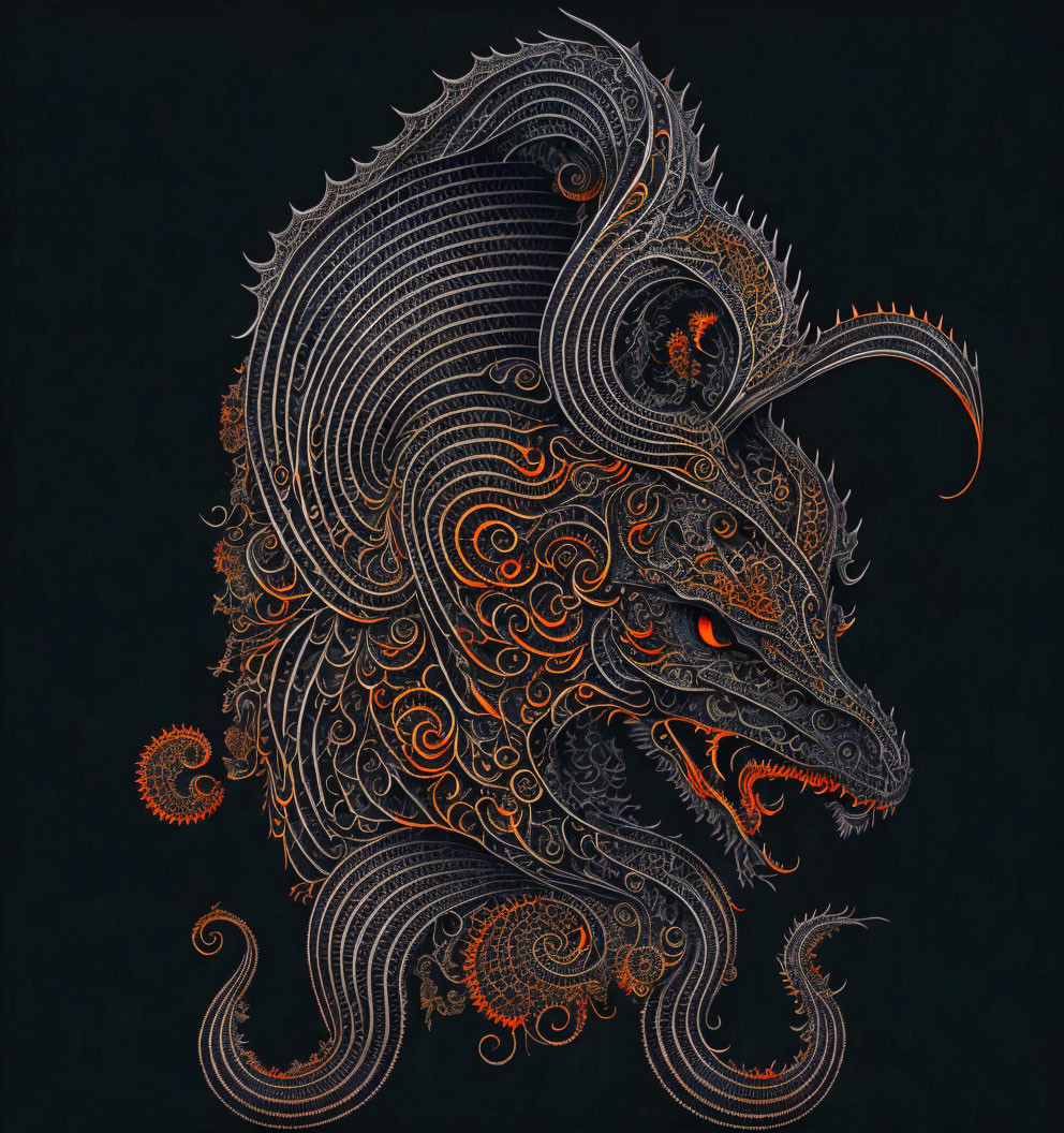 Intricate stylized dragon with orange highlights on dark background