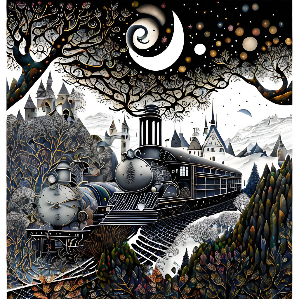 Black and white whimsical train in forest with castle and crescent moon