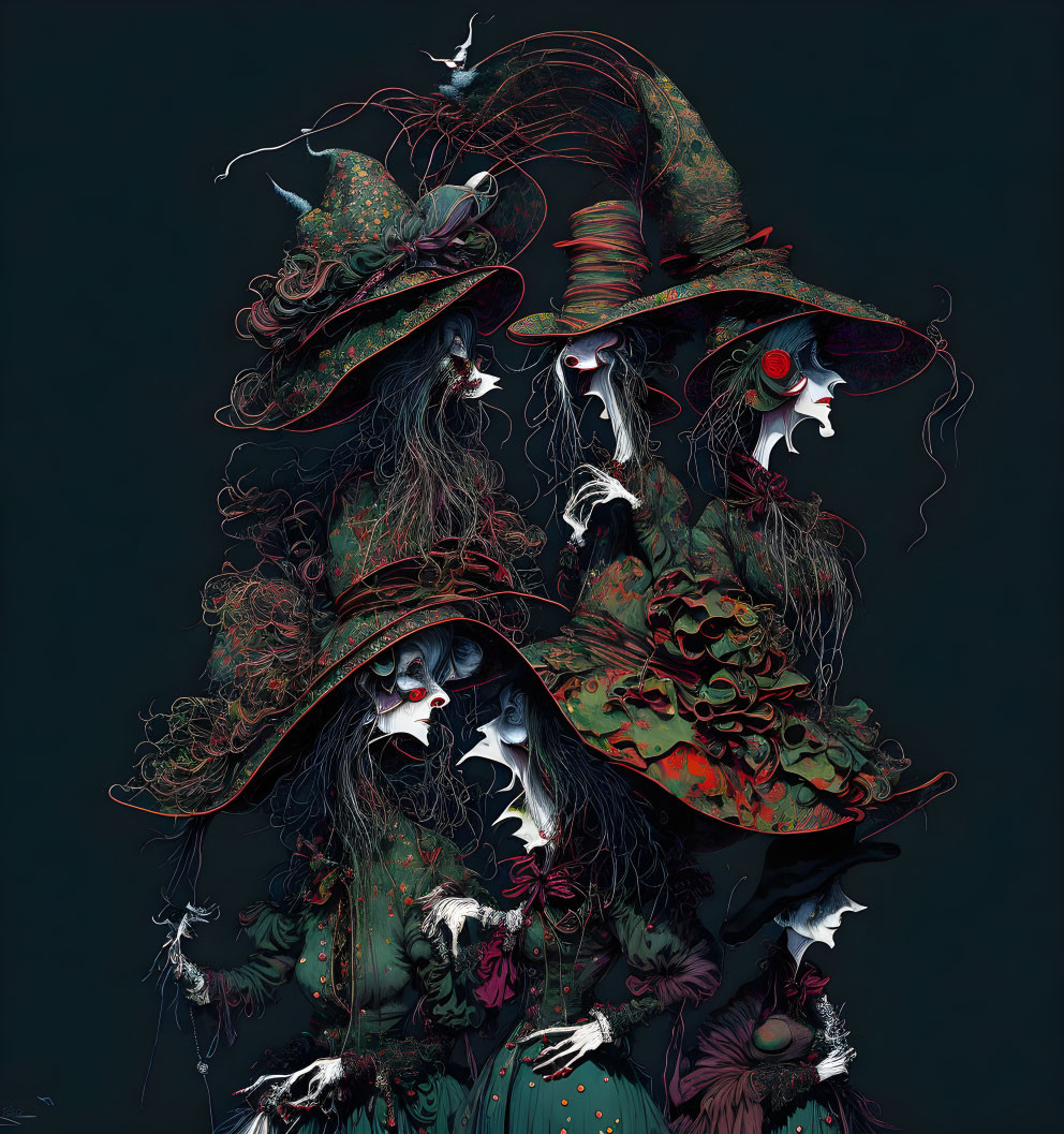 Three stylized witches with intricate hats and garb against a dark backdrop